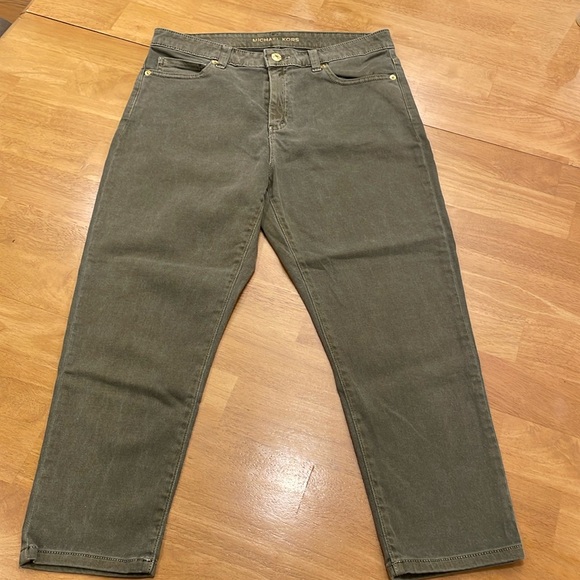 Michael Kors Izzy Cropped Skinny Jeans Size 10 MK logo  stretch Army Green Denim - Picture 1 of 9